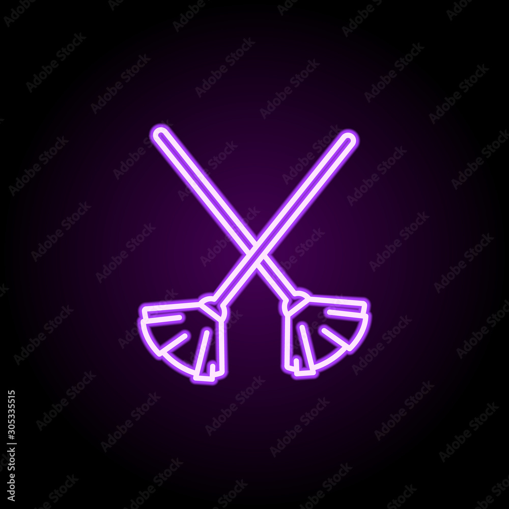 Brooms neon icon. Simple thin line, outline vector of cleaning icons for ui and ux, website or mobile application Brooms neon icon. Simple thin line, outline vector of cleaning icons for ui and ux, website or mobile application