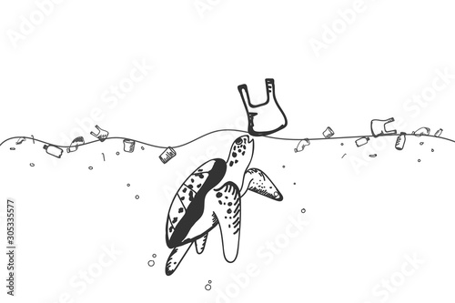 The turtle is eating plastic bags that are mistaken for jellyfish. Cartoon concept. Doodle style. Beach trash that affects animals. Plastic pollution in ocean environmental problems. 