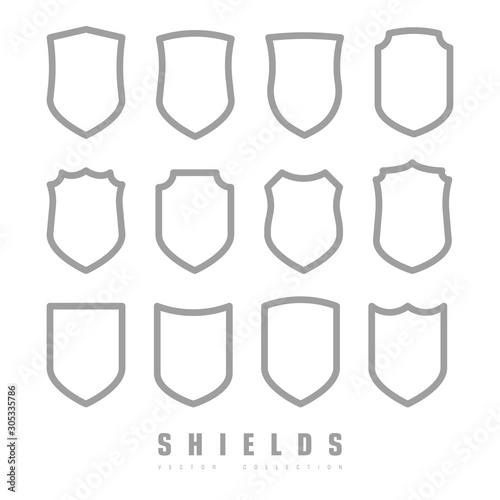 Protect guard shield plain line concept. Outline badge. Safety icon set. Privacy banner kit. Security label. Flat style sticker symbol shape. Safeguard simple sign. linear pictogram
