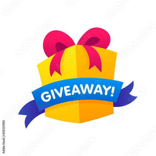 Giweawey Gift box with ribbon on white background. Giveaway enter to win poster template design for social media post or website banner. Vector illustration
