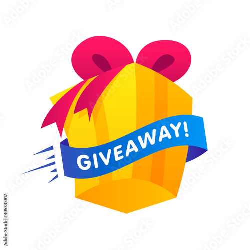 Giweawey Gift box with ribbon on white background. Giveaway enter to win poster template design for social media post or website banner. Vector illustration