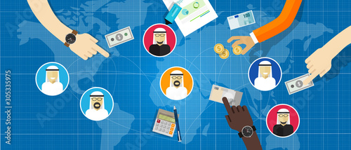 Arabic Business people of Arab connected in investment money. Hand with cash with man people wearing traditional Arab clothes and world map international transaction economy