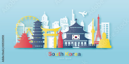 South Korea with Gold Travel postcard, poster, tour advertising of world famous landmarks in paper cut style.