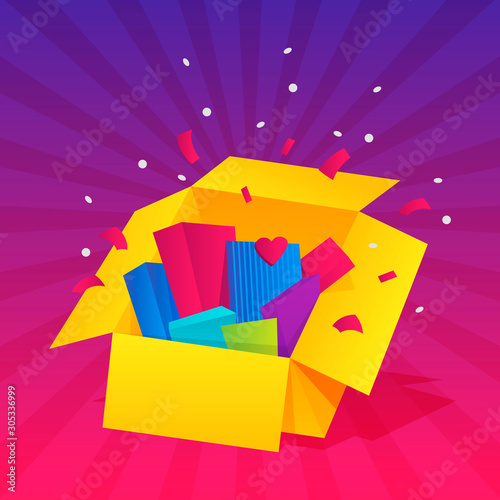 Opened gift box, surprise, celebration event, surprising gift boxes. Give presents concept. Flat cartoon design vector illustration