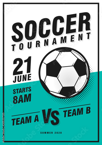 Soccer tournament poster template with ball, grass and sample text. Vector illustration. Soccer flyer design template