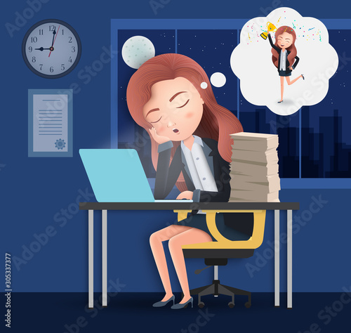 Business character overtime sleeping vector concept. Female lazy business character employee sleeping and dreaming job achievement and promotion. Vector illustration.