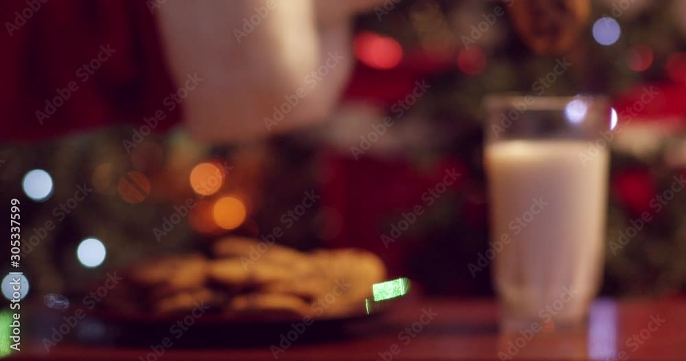 Santa dunking cookies in milk in front of the Christmas tree - soft focus - shot on RED Santa dunking cookies in milk in front of the Christmas tree - soft focus - shot on RED