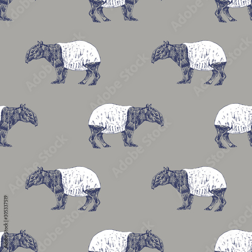 Seamless geometrical monochrome animal pattern with hand drawn silhouettes of Malayan Tapirs (Tapirus indicus).