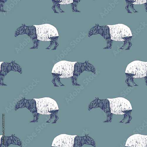 Seamless geometrical monochrome animal pattern with hand drawn silhouettes of Malayan Tapirs (Tapirus indicus).	