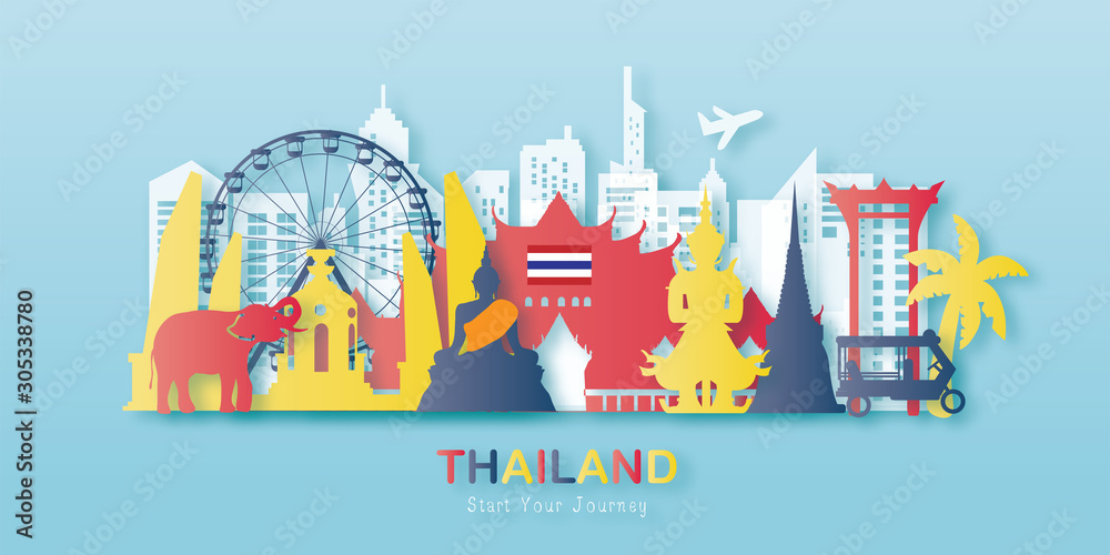 Thailand Travel postcard, poster, tour advertising of world famous landmarks in paper cut style. Vectors illustrations