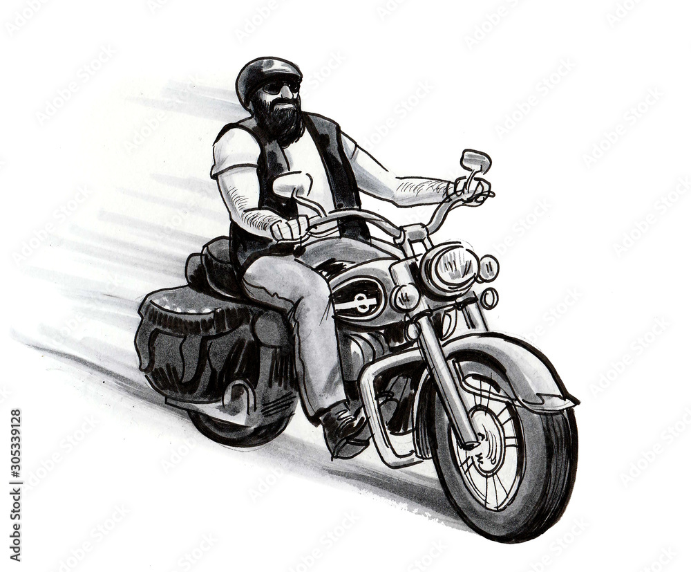 Bearded biker riding a classic American motorcycle. Ink and watercolor illustration