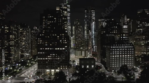 Night view of manhattan skyscrapers from battery park