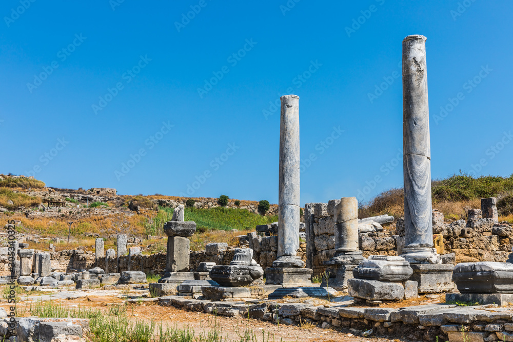 Perga or Perge, an ancient Greek city in Anatolia, a large site of ancient ruins, now in Antalya Province on the Mediterranean coast of Turkey.