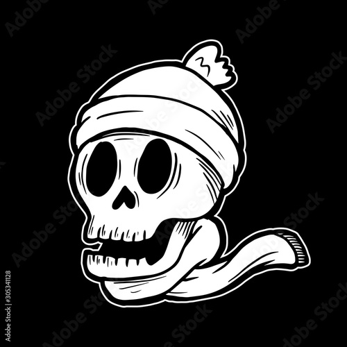 Smiling skull head wearing knitted beanie hat and scarf vector illustration character handrawn tattoo design for winter season concept