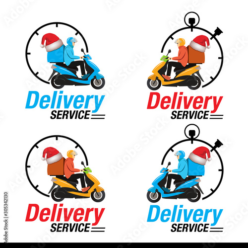Christmas and New year Delivery symbol, Delivery man riding motorcycle icon symbol for Christmas and New year, Vector illustration