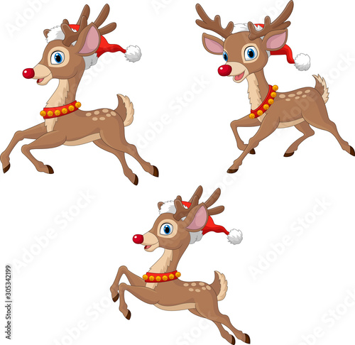 Cartoon Christmas reindeers wearing santa claus hat