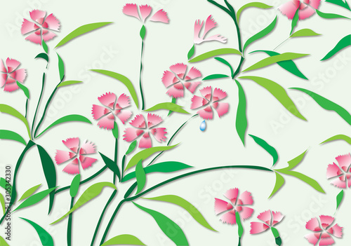 Pink flower pattern nature with green leaf - Seamless Dianthus chinensis flower background
