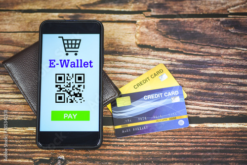 e wallet app on smartphone with credit card technology pay - Mobile payment online shopping concept