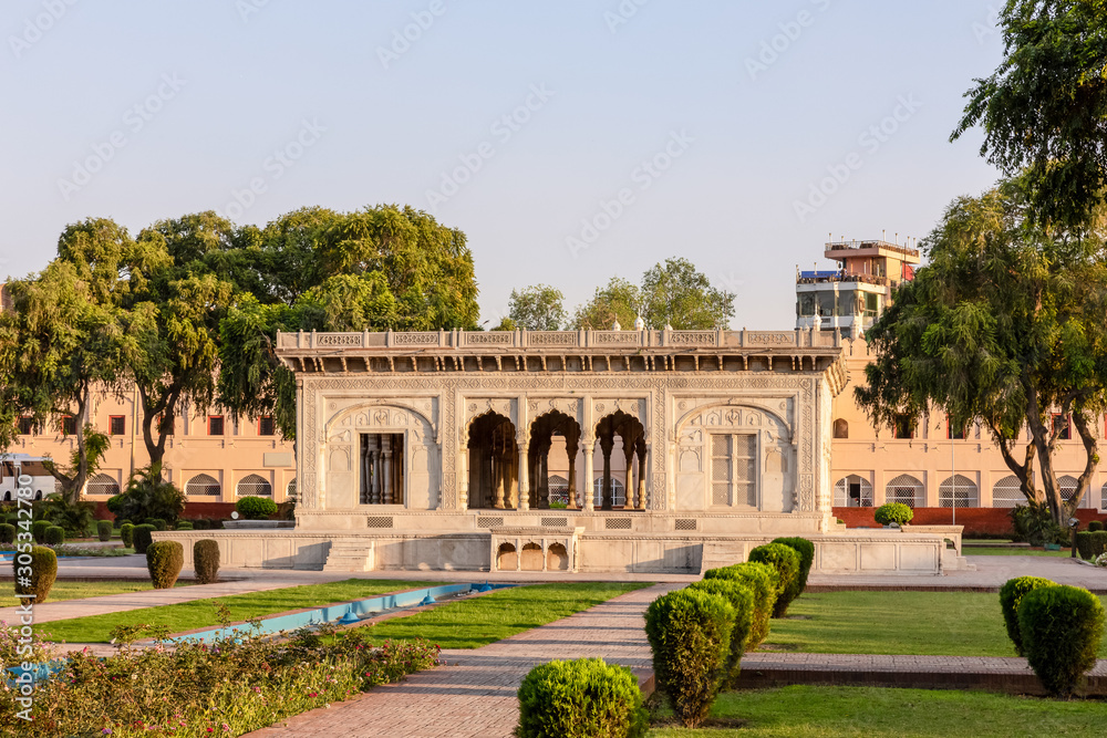 Historical pavilion in Hazuri Bagh Garden between Lahore Fort and Badshahi Mosque in Lahore, Punjab, Pakistan.