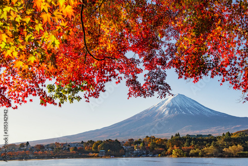 Fuji Mountain and Red Maple Leaves in Autumn, Kawaguchiko Lake, Japan