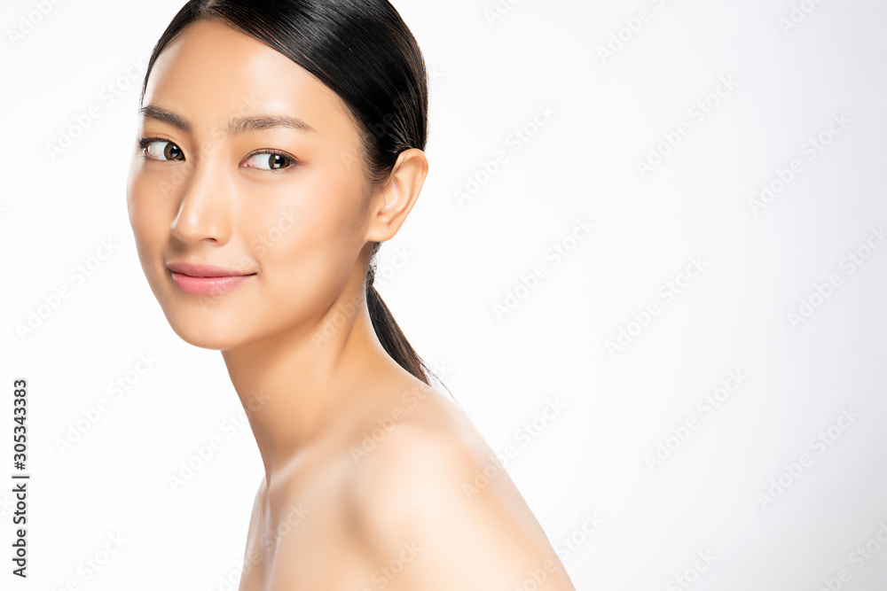 Beautiful Young Asian Woman with Clean Fresh Skin. Face care, Facial treatment, on white background, Beauty and Cosmetics Concept. Beautiful Young Asian Woman with Clean Fresh Skin. Face care, Facial treatment, on white background, Beauty and Cosmetics Concept.