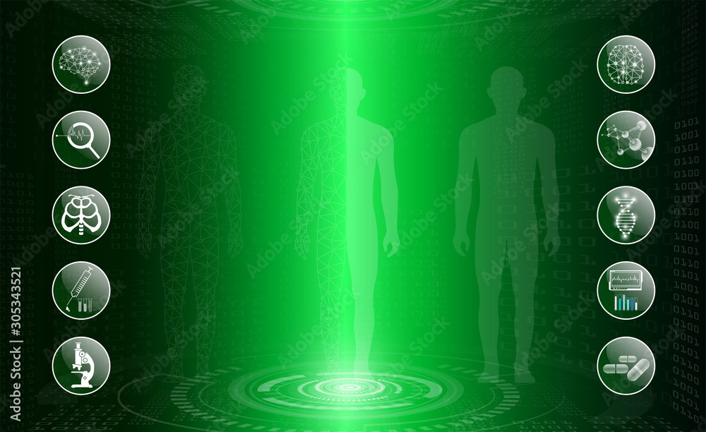 Fototapeta premium abstract background technology concept in green light,human body heal,technology modern medical science in future and global international medical with tests analysis clone DNA human