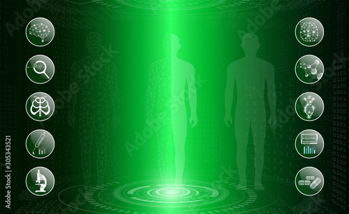 abstract background technology concept in green light,human body heal,technology modern medical science in future and global international medical with tests analysis clone DNA human