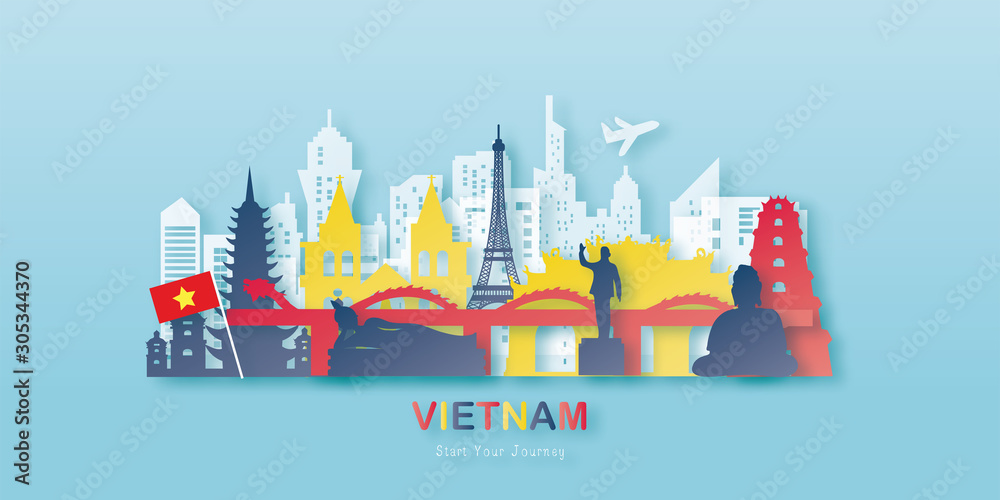 Vietnam with Gold Travel postcard, poster, tour advertising of world famous landmarks in paper cut style. Vectors illustrations