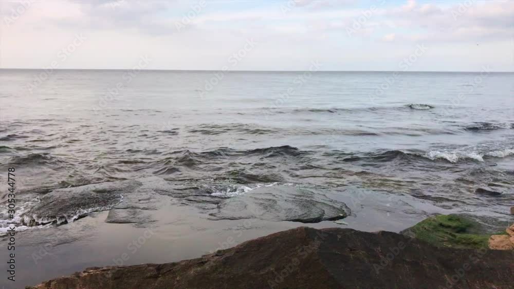 Right to left hyperlapse pan of waves coming to the shore of lake ontario Right to left hyperlapse pan of waves coming to the shore of lake ontario
