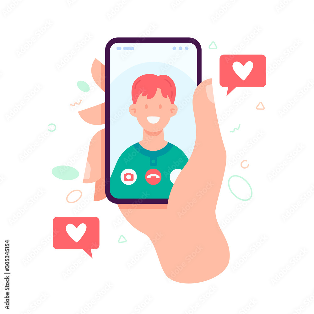 Female hand holding smartphone with boyfriend on screen. Video call with  loved one. Video call concept. Vector flat cartoon illustration Stock  Vector | Adobe Stock