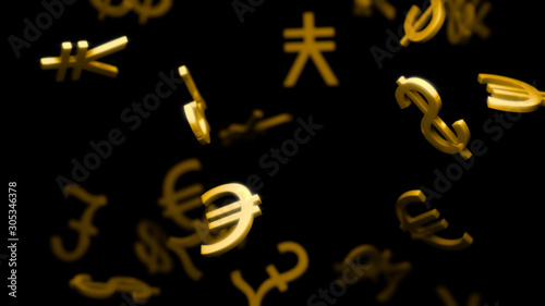 Golden Main Worlds Currency Signs Falling - 3D Illustration