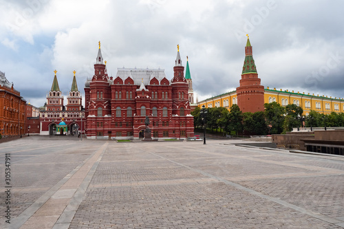 Moscow. Russia. Kremlin. Red square. Historical Museum on red square. Monument to Marshal Zhukov on Manezh square. Religion. monument of architecture. Historical monument.