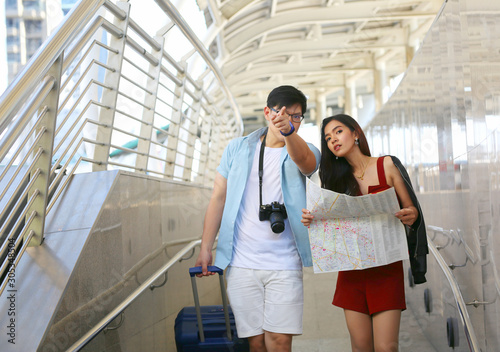 Couple love on summer vacation travel. Man and Woman walking on city romantic honeymoon, couple lover on travel concept.
