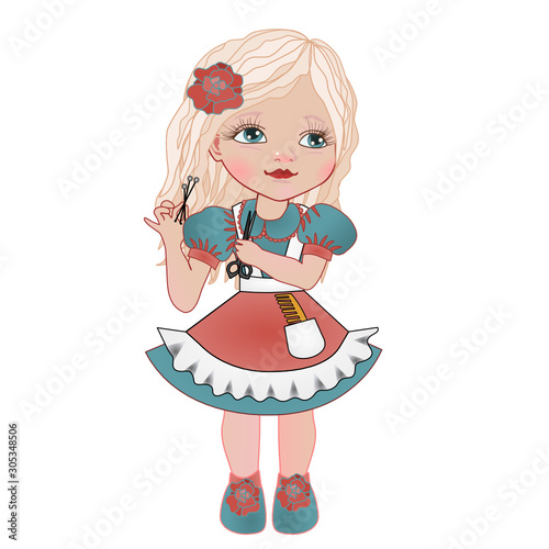 A blonde girl dressed in a blue dress and a pink apron plays at the hairdresser and holds scissors and hairpins in her hands, and in her pocket lies a comb, clip-art on a white isolated background