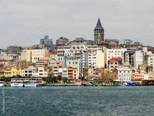 Panorama view of Istanbul of Bosporus and Golden Horn bank. Tourism yachts on Bosphorus and Galata Tower with Istanbul cityscape in the background.