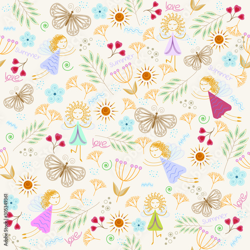 Illustration, collage with image of angels on the background of nature, seamless pattern, vector