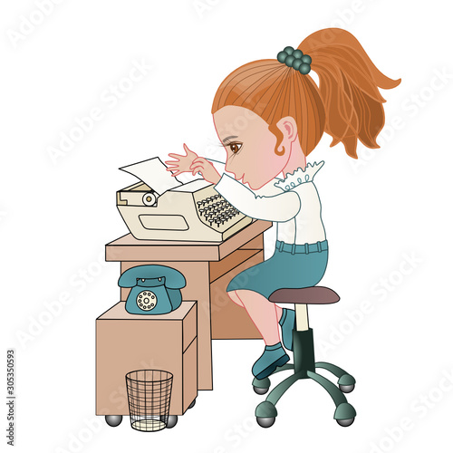 Girl secretary, dressed in a blue skirt and white blouse sits on a chair at the table and types on a typewriter, next to a vintage telephone, clip-art on a white isolated background
