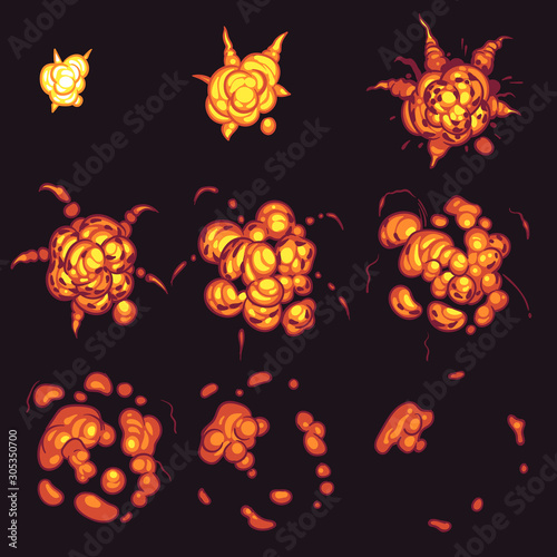 Explosion animation. Cartoon bang bomb flame frames, flash fire with smoke effect storyboard comics gaming bombing design vector set