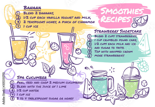 Smoothie recipes. Fruit cocktails with smoothie ingredients, vegetables and herbs, tasty organic detox drink healthy nutrition vector menu