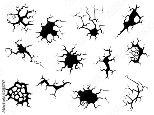 Wall cracks. Holes with clefts, cracked damaged ground surface and earthquake fracture texture vector set
