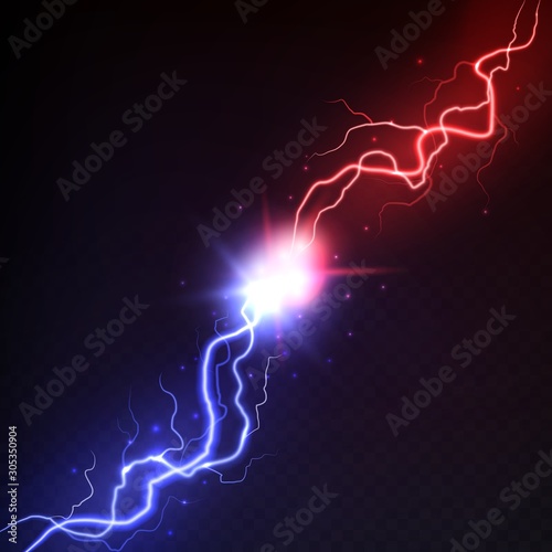 Lightning collision. Vs blast challenge, versus mma battle with red and blue electric lightning vector abstract concept