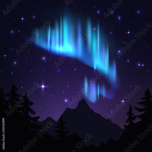 Northern lights. Isolated aurora borealis, bright stripes in night sky. Aurora blue vector background