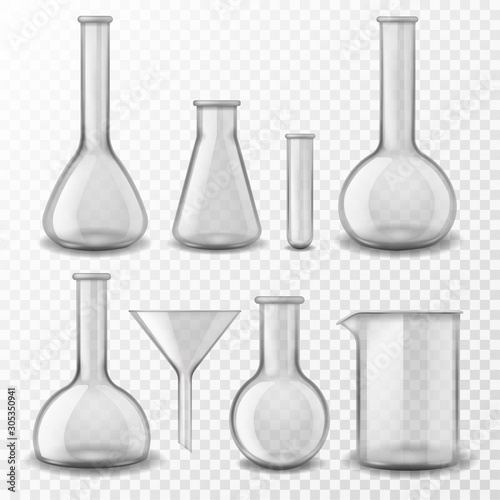 Chemical glass equipment. Laboratory glassware empty test tubes beaker and flask, medical lab experiment instruments 3d realistic vector set