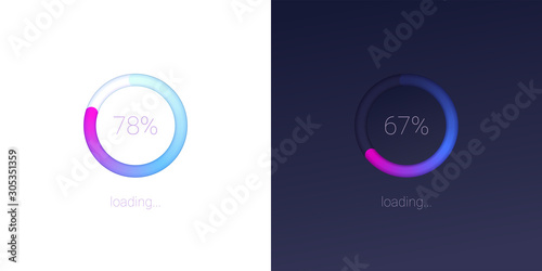 Progress of loading for mobile apps. Icons of modern 3D web preloader of updates on light and dark background. Radial load, upgrade or download diagram. Progress bar with percentage of progress