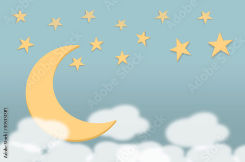 3d illustration. Sweet softness lullaby color moon, twinkle star and clouds background for bedtime or any design.