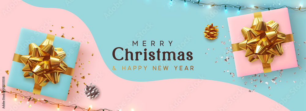 Holiday Christmas Banner. Xmas background with realistic pink and blue gift boxes, festive bright light garland. Horizontal border poster, header for website, greeting card. Advertising flyer brochure - obrazy, fototapety, plakaty 
