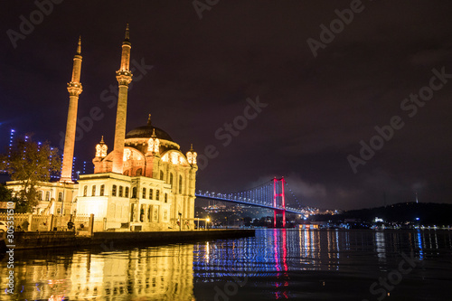 Istanbul, Turkey The Ortaköy Mosque under the Bosphorus Bridge, known officially as the 15 July Martyrs Bridge and unofficially as the First Bridge