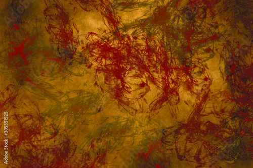 Red paint splashes on gold background Abstract modern painting Grunge texture