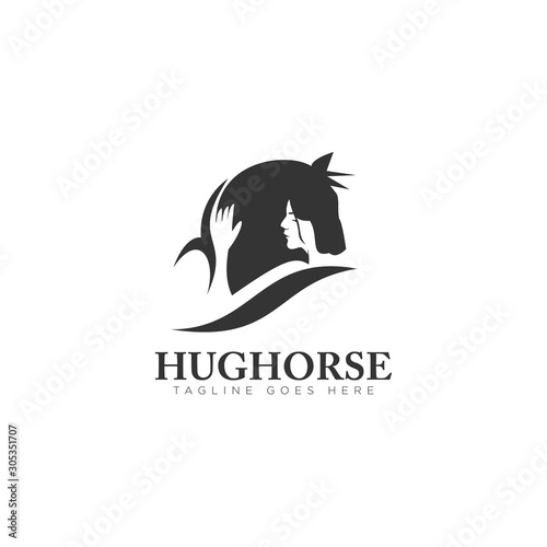 hughorse logo with negative space lady and head horse vector