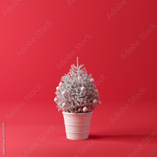 Fototapeta Naklejka Na Ścianę i Meble -  White Christmas Tree on Red color background. Christmas concept idea. 3D Render..